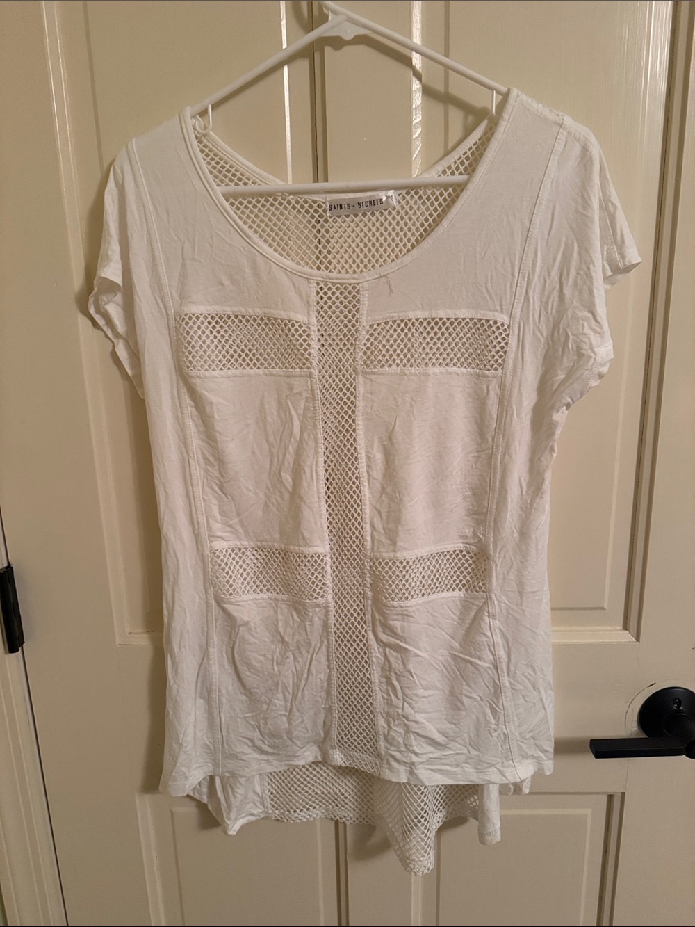 Saints + Secrets White Mesh Panel Short Sleeve Top